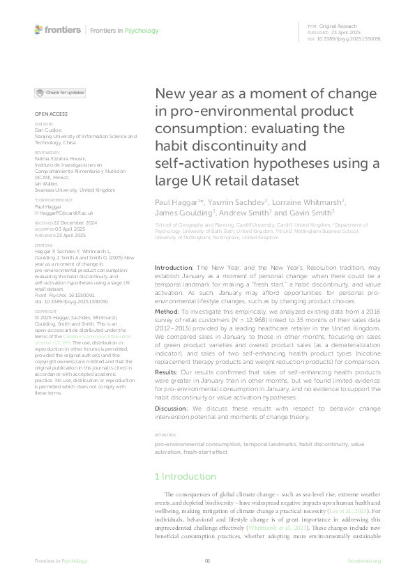 New Year as a Moment of Change in Pro-Environmental Product Consumption: evaluating the habit discontinuity and self-activation hypotheses using a large UK retail dataset Thumbnail