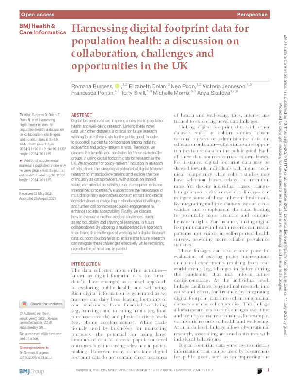 Harnessing digital footprint data for population health: a discussion on collaboration, challenges and opportunities in the UK Thumbnail