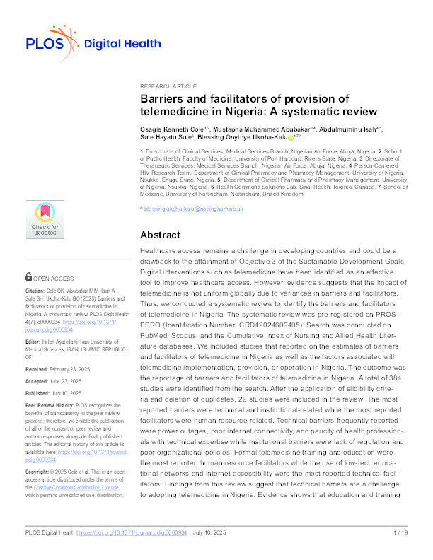 Barriers and facilitators of provision of telemedicine in Nigeria: A systematic review Thumbnail