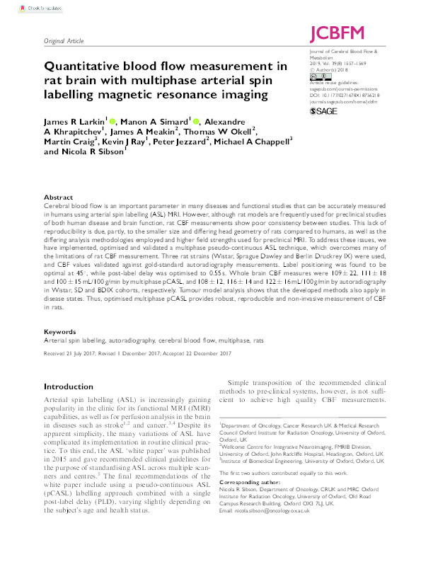 Quantitative blood flow measurement in rat brain with multiphase arterial spin labelling magnetic resonance imaging Thumbnail