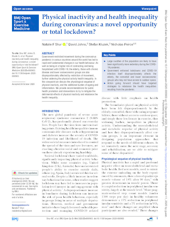 Physical inactivity and health inequality during coronavirus: a novel opportunity or total lockdown? Thumbnail