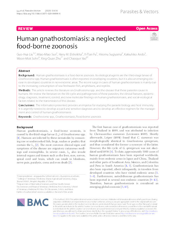 Human gnathostomiasis: a neglected food-borne zoonosis Thumbnail