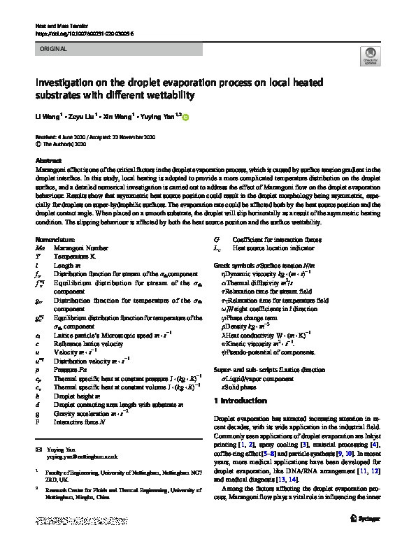 Investigation on the droplet evaporation process on local heated substrates with different wettability Thumbnail