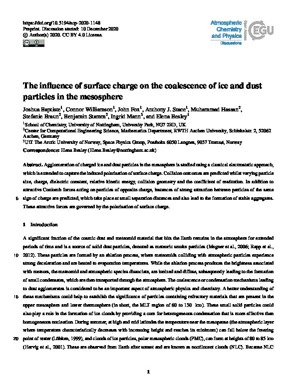 The influence of surface charge on the coalescence of ice and dust particles in the mesosphere Thumbnail