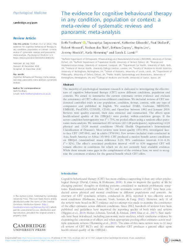 The evidence for cognitive behavioural therapy in any condition, population or context: a meta-review of systematic reviews and panoramic meta-analysis Thumbnail