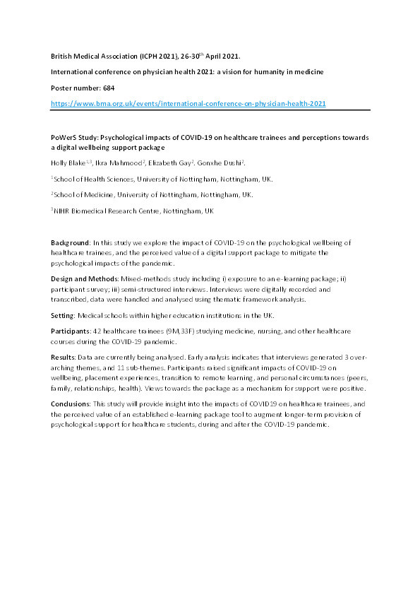 PoWerS Study: Psychological impacts of COVID-19 on healthcare trainees and perceptions towards a digital wellbeing support package Thumbnail