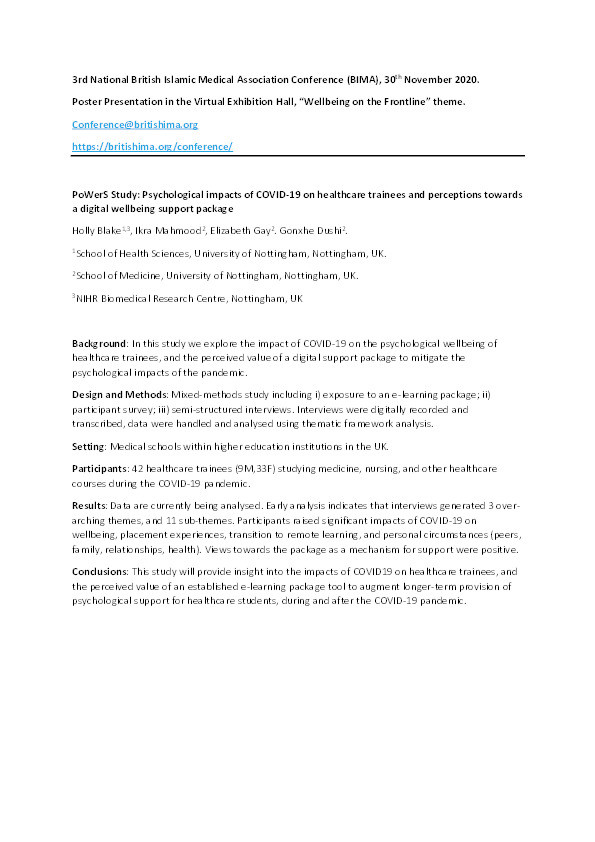 PoWerS Study: Psychological impacts of COVID-19 on healthcare trainees and perceptions towards a digital wellbeing support package Thumbnail