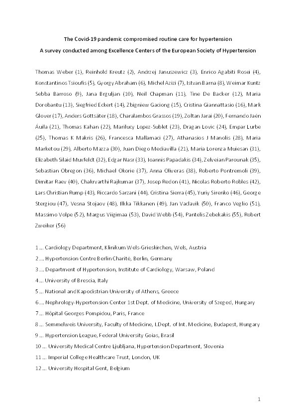 The corona-virus disease 2019 pandemic compromised routine care for hypertension: a survey conducted among excellence centers of the European Society of Hypertension Thumbnail