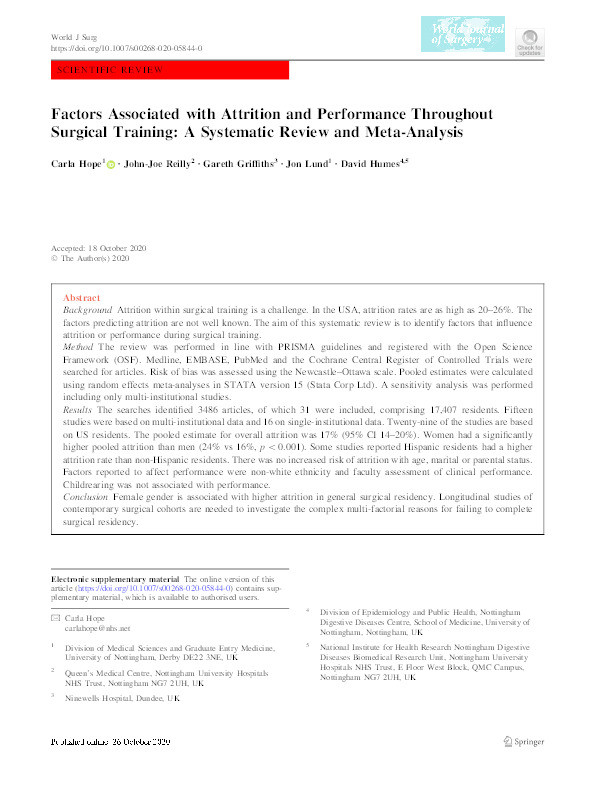 Factors Associated with Attrition and Performance Throughout Surgical Training: A Systematic Review and Meta-Analysis Thumbnail