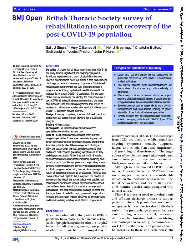 British Thoracic Society survey of rehabilitation to support recovery of the post-COVID- 19 population Thumbnail