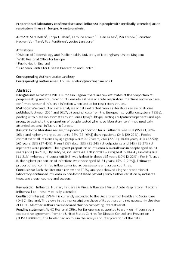 Spotlight influenza: Laboratory-confirmed seasonal influenza in people with acute respiratory illness: a literature review and meta-analysis, WHO European Region, 2004 to 2017 Thumbnail