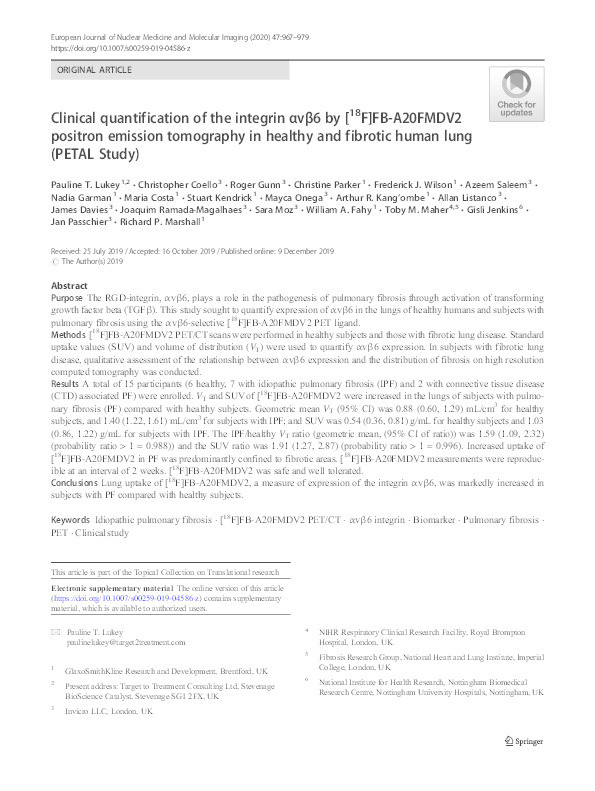 Clinical quantification of the integrin αvβ6 by [18F]FB-A20FMDV2 positron emission tomography in healthy and fibrotic human lung (PETAL Study) Thumbnail