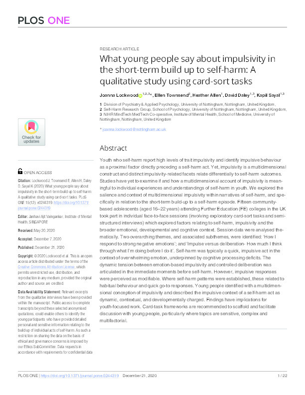What young people say about impulsivity in the short-term build up to self-harm: A qualitative study using card-sort tasks Thumbnail