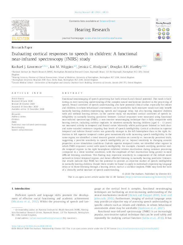 Evaluating cortical responses to speech in children: A functional near-infrared spectroscopy (fNIRS) study Thumbnail