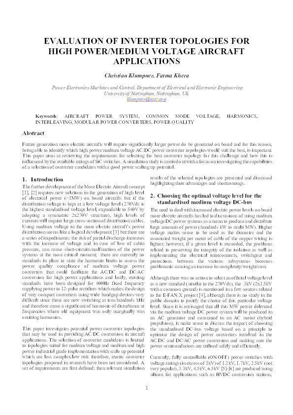 Evaluation of inverter topologies for high power medium voltage aircraft applications Thumbnail