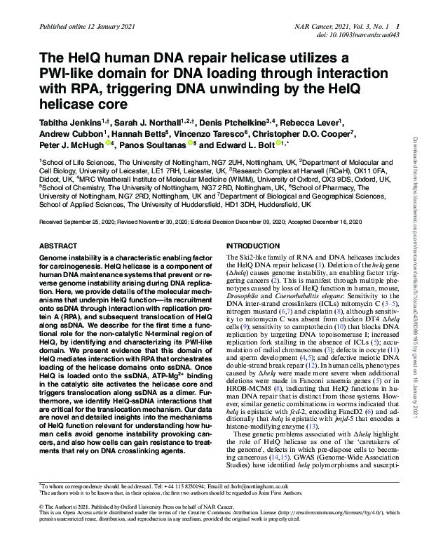 The HelQ human DNA repair helicase utilizes a PWI-like domain for DNA loading through interaction with RPA, triggering DNA unwinding by the HelQ helicase core Thumbnail