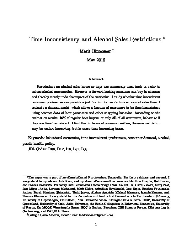 Time inconsistency and alcohol sales restrictions Thumbnail