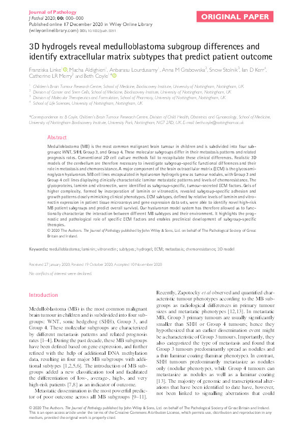 3D hydrogels reveal medulloblastoma subgroup differences and identify extracellular matrix subtypes that predict patient outcome Thumbnail