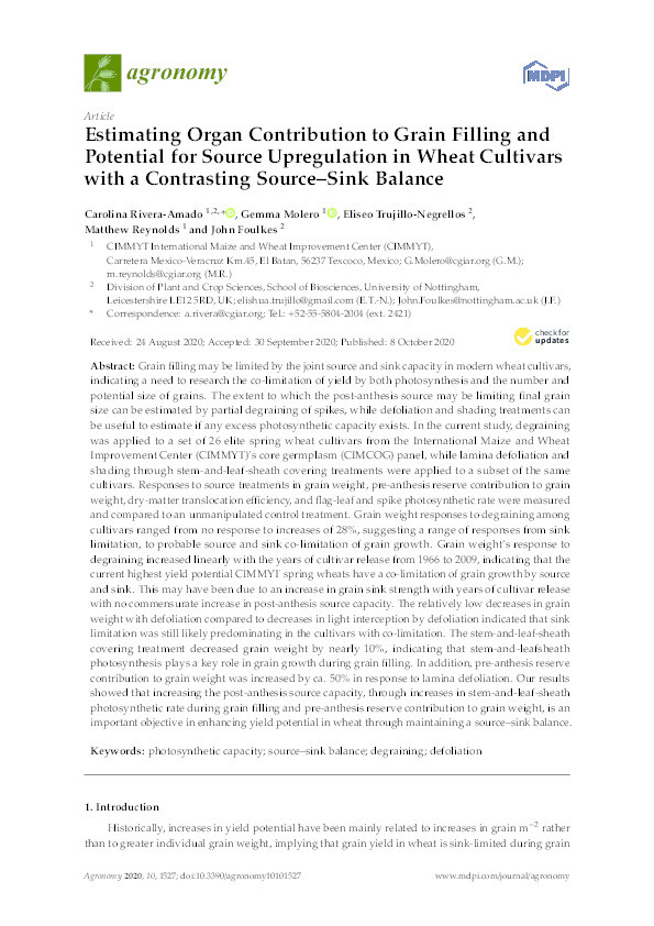 Estimating organ contribution to grain filling and potential for source upregulation in wheat cultivars with a contrasting source-sink balance Thumbnail