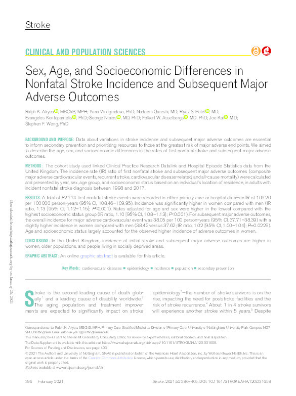 Sex, Age, and Socioeconomic Differences in Nonfatal Stroke Incidence and Subsequent Major Adverse Outcomes Thumbnail