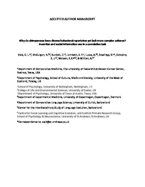 Why do chimpanzees have diverse behavioral repertoires yet lack more complex cultures? Invention and social information use in a cumulative task Thumbnail