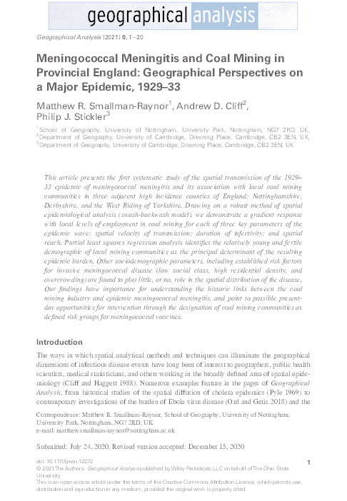 Meningococcal Meningitis and Coal Mining in Provincial England: Geographical Perspectives on a Major Epidemic, 1929-33 Thumbnail