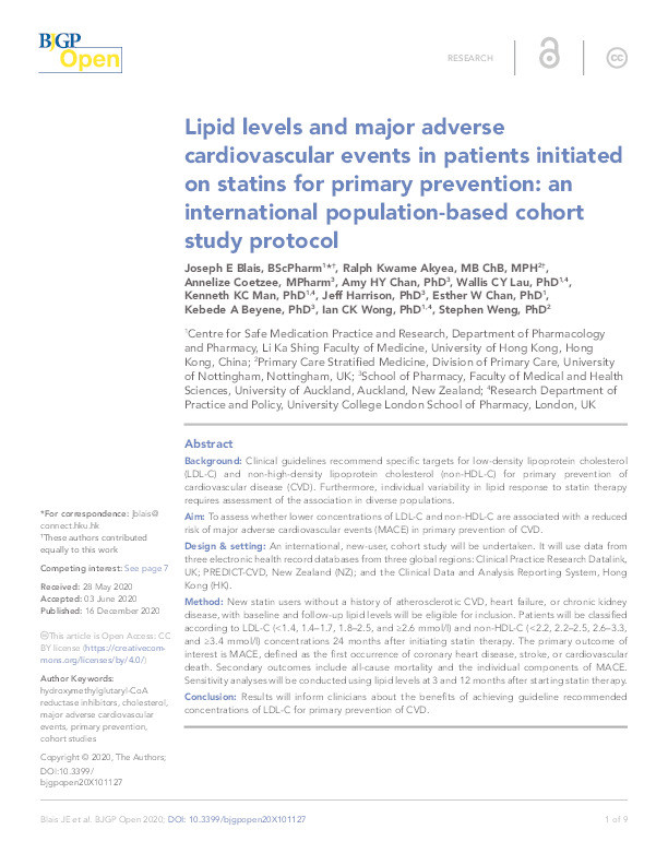 Lipid levels and major adverse cardiovascular events in patients initiated on statins for primary prevention: an international population-based cohort study protocol Thumbnail