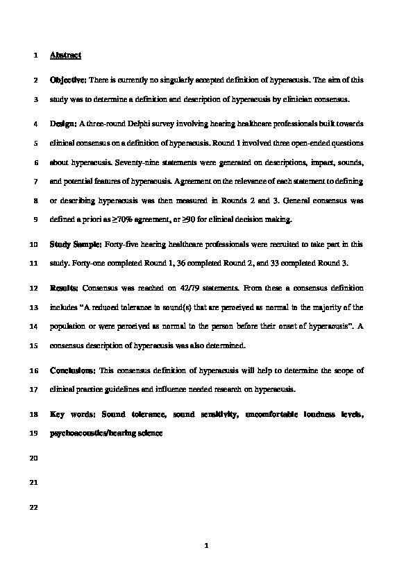 A Delphi survey to determine a definition and description of hyperacusis by clinician consensus Thumbnail