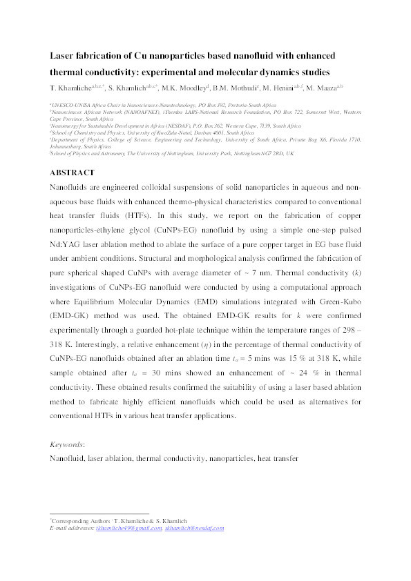 Laser fabrication of Cu nanoparticles based nanofluid with enhanced thermal conductivity: Experimental and molecular dynamics studies Thumbnail