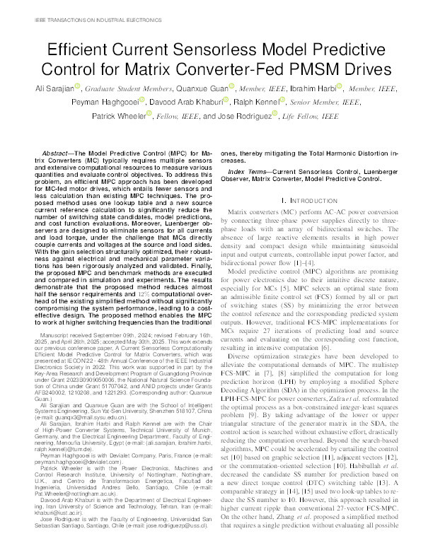 Efficient Current Sensorless Model Predictive Control for Matrix Converter-Fed PMSM Drives Thumbnail
