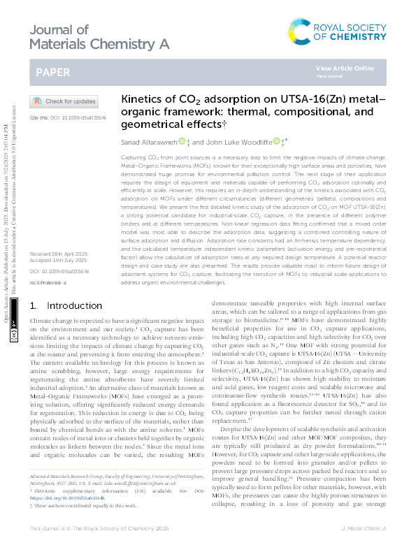 Kinetics of CO2 adsorption on UTSA-16(Zn) Metal-Organic Framework: Thermal, compositional, and geometrical effects Thumbnail