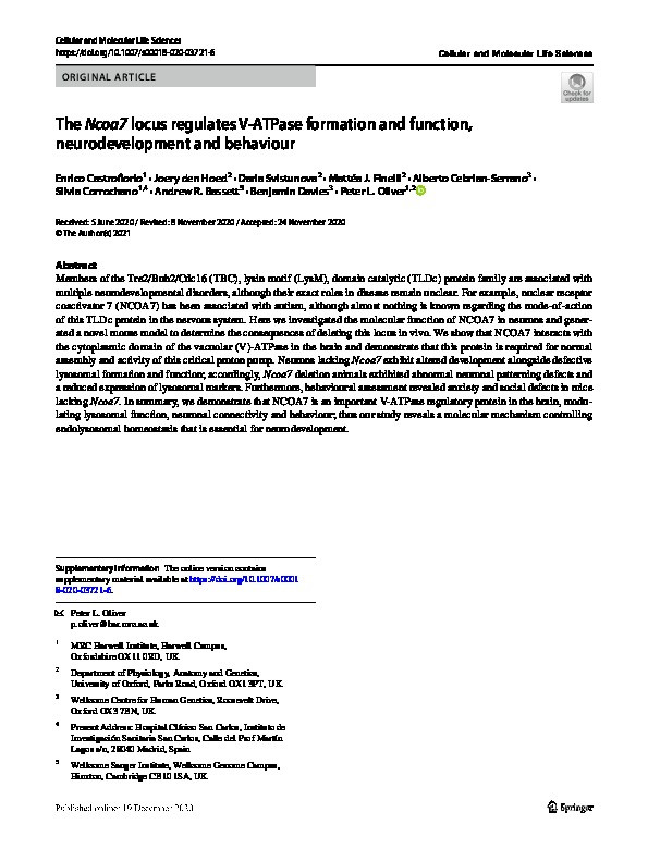 The Ncoa7 locus regulates V-ATPase formation and function, neurodevelopment and behaviour Thumbnail