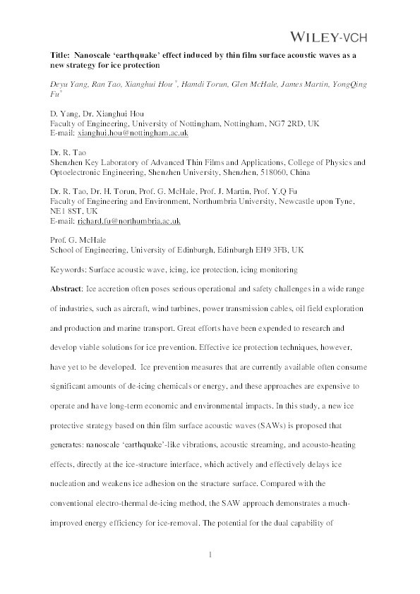 Nanoscale “Earthquake” Effect Induced by Thin Film Surface Acoustic Waves as a New Strategy for Ice Protection Thumbnail