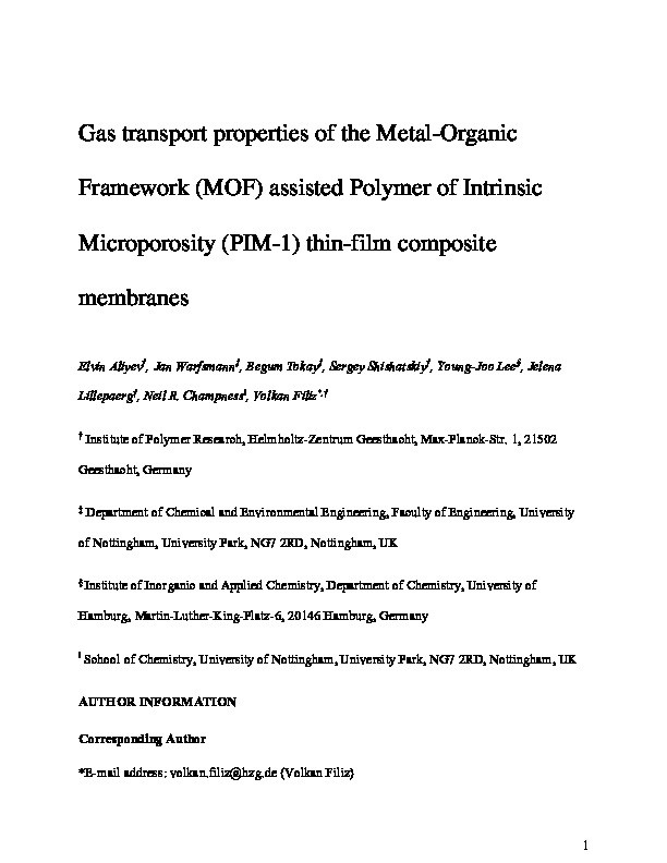 Gas Transport Properties of the Metal-Organic Framework (MOF)-Assisted Polymer of Intrinsic Microporosity (PIM-1) Thin-Film Composite Membranes Thumbnail
