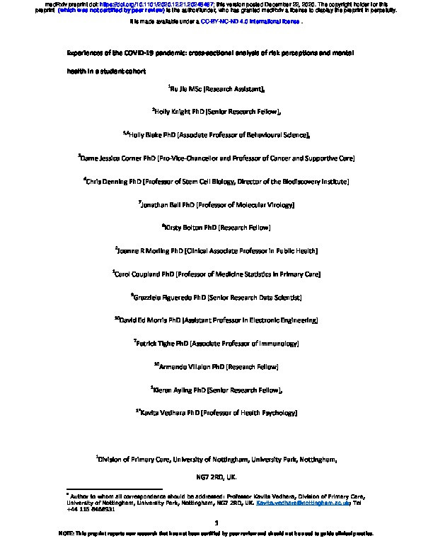 Experiences of the COVID-19 pandemic: cross-sectional analysis of risk perceptions and mental health in a student cohort Thumbnail