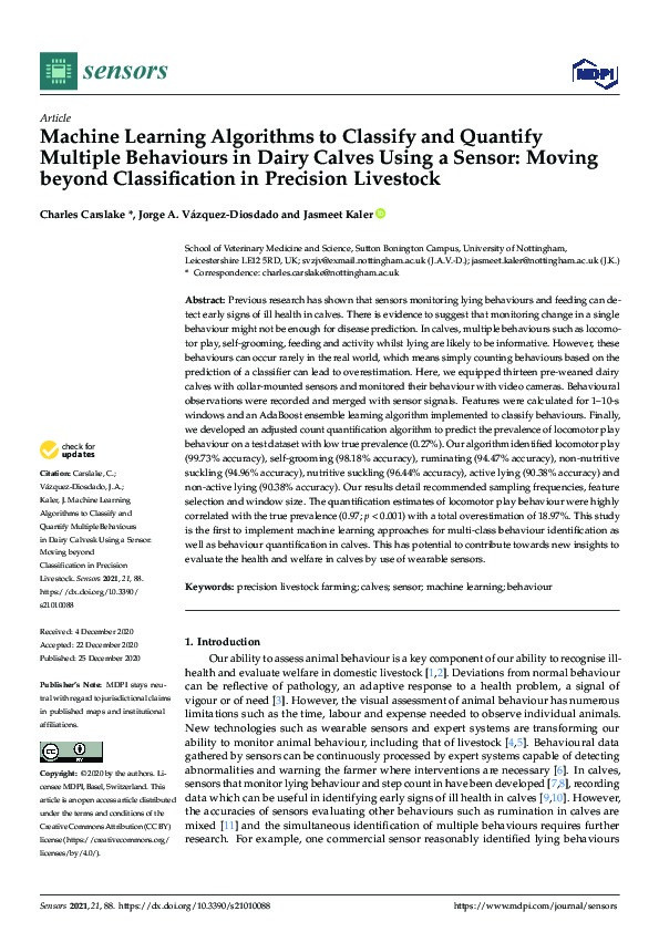 Machine Learning Algorithms to Classify and Quantify Multiple Behaviours in Dairy Calves Using a Sensor: Moving Beyond Classification in Precision Livestock Thumbnail