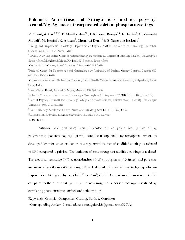 Enhanced anticorrosion properties of nitrogen ions modified polyvinyl alcohol/Mg-Ag ions co-incorporated calcium phosphate coatings Thumbnail