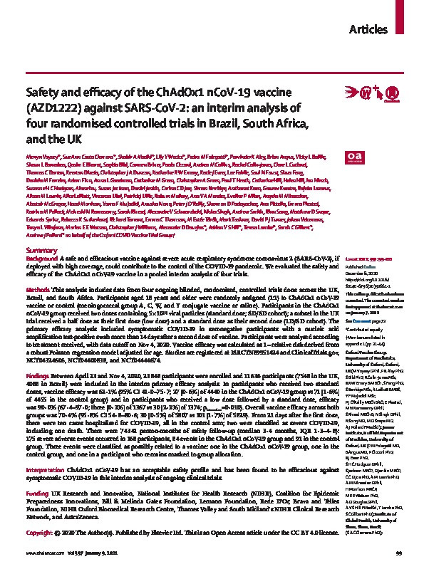 Safety and efficacy of the ChAdOx1 nCoV-19 vaccine (AZD1222) against SARS-CoV-2: an interim analysis of four randomised controlled trials in Brazil, South Africa, and the UK Thumbnail
