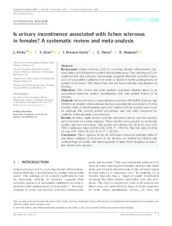 Is urinary incontinence associated with lichen sclerosus in females? A systematic review and meta?analysis Thumbnail