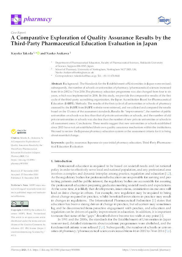 A Comparative Exploration of Quality Assurance Results by the Third-Party Pharmaceutical Education Evaluation in Japan Thumbnail