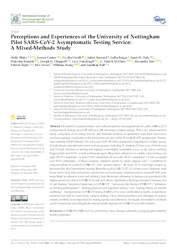  Perceptions and Experiences of the University of Nottingham Pilot SARS-CoV-2 Asymptomatic Testing Service: A Mixed-Methods Study Thumbnail