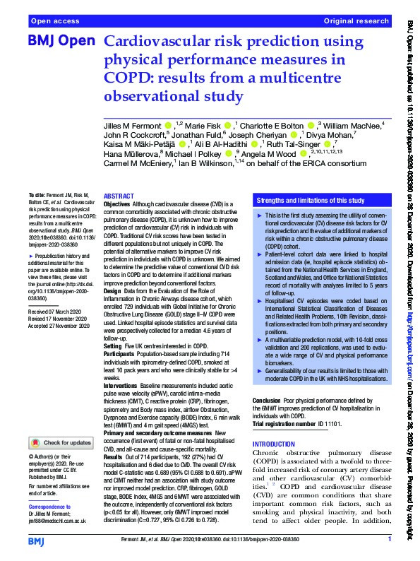 Cardiovascular risk prediction using physical performance measures in COPD: results from a multicentre observational study Thumbnail