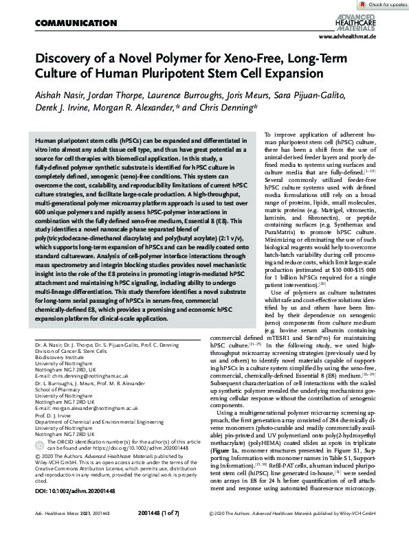 Discovery of a Novel Polymer for Xeno-Free, Long-Term Culture of Human Pluripotent Stem Cell Expansion Thumbnail