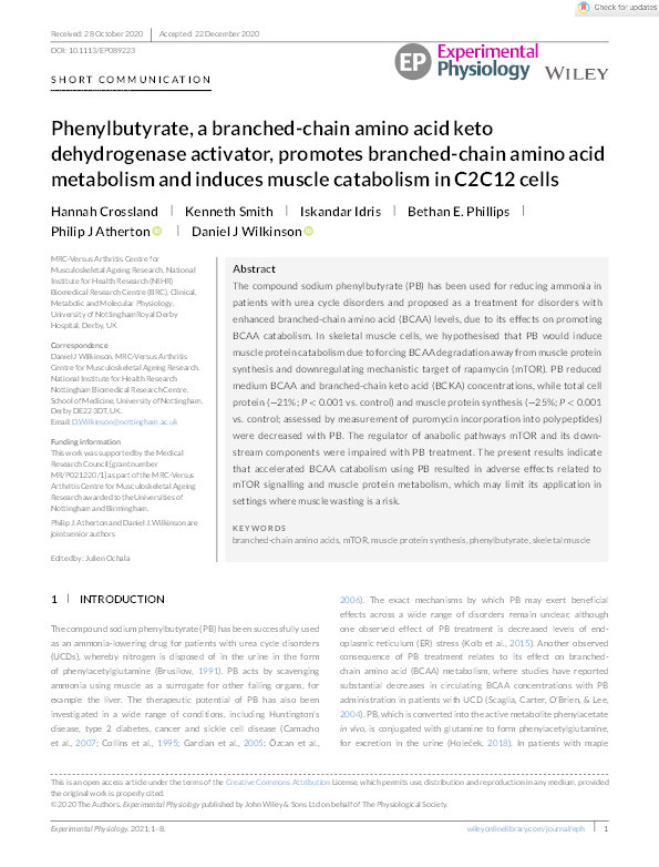 Phenylbutyrate, a branched-chain amino acid keto dehydrogenase activator, promotes branched-chain amino acid metabolism and induces muscle catabolism in C2C12 cells Thumbnail