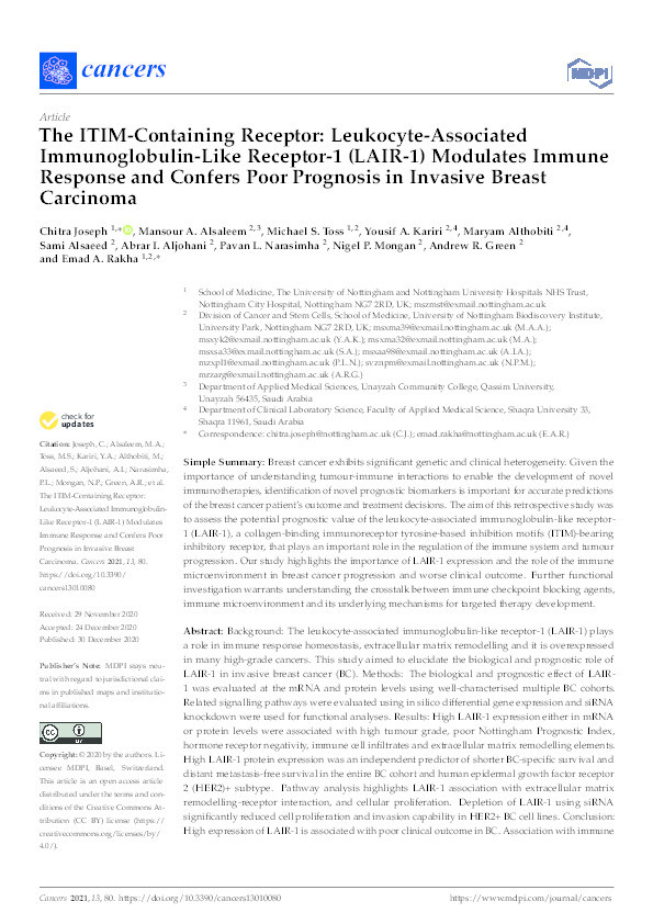 The ITIM-Containing Receptor: Leukocyte-Associated Immunoglobulin-Like Receptor-1 (LAIR-1) Modulates Immune Response and Confers Poor Prognosis in Invasive Breast Carcinoma Thumbnail