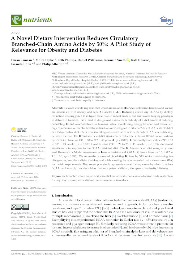 A novel dietary intervention reduces circulatory branched-chain amino acids by 50%: A pilot study of relevance for obesity and diabetes Thumbnail