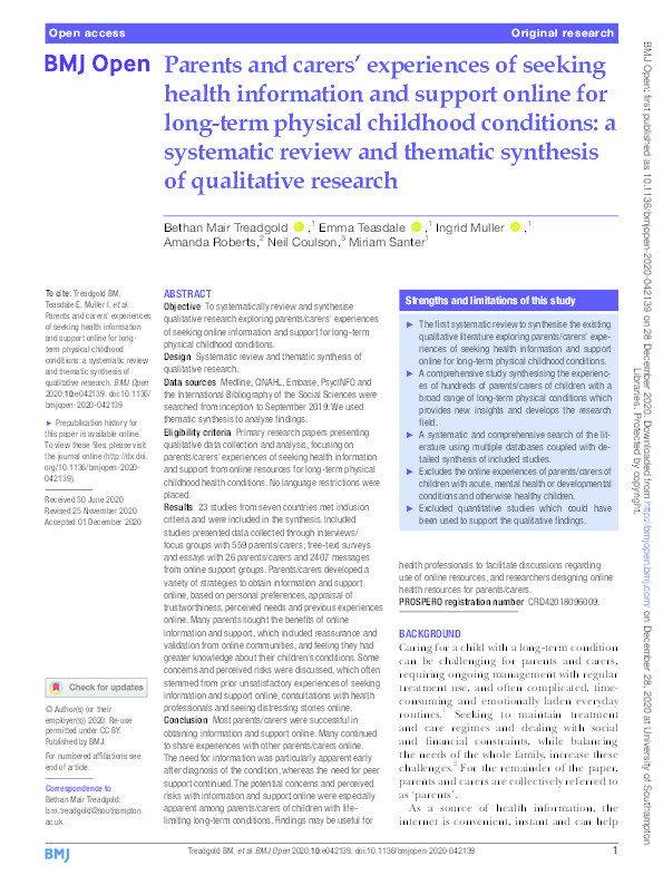Parents and carers' experiences of seeking health information and support online for long-term physical childhood conditions: A systematic review and thematic synthesis of qualitative research Thumbnail