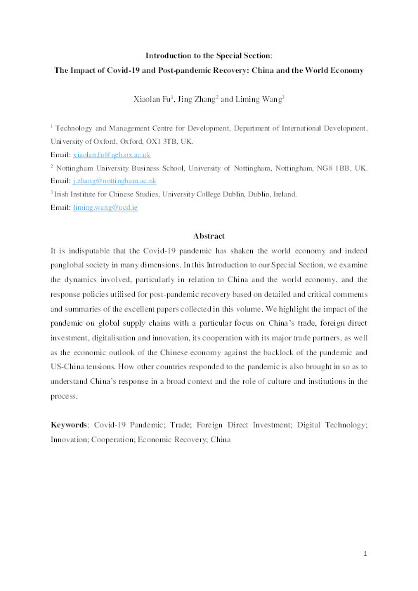 Introduction to the special section: the impact of Covid-19 and post-pandemic recovery: China and the world economy Thumbnail