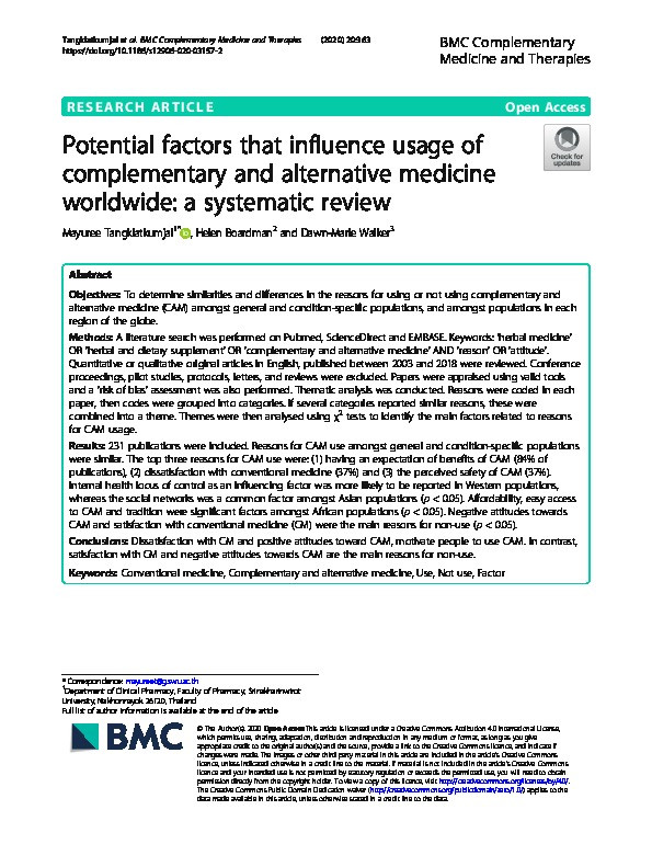 Potential factors that influence usage of complementary and alternative medicine worldwide: a systematic review Thumbnail