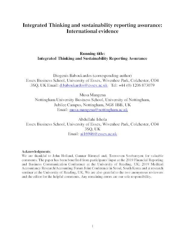 Integrated Thinking and sustainability reporting assurance: International evidence Thumbnail